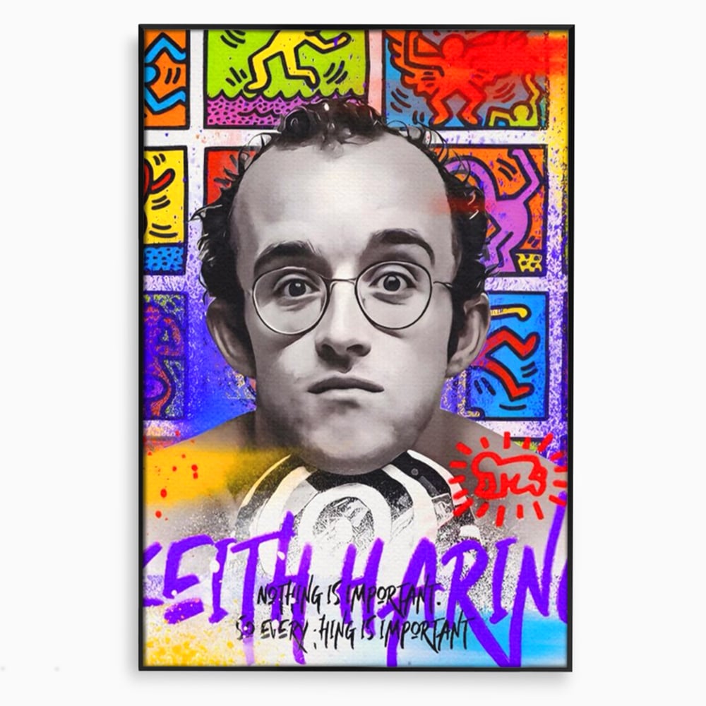 Tablou canvas cu tablou canvas cu portret alb negru si grafica keith haring, in rama de aluminiu negru